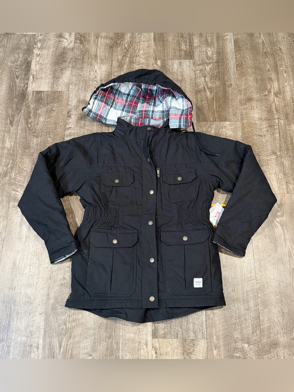 Eddie Bauer Workwear Womens Plaid Lined Black Hooded Jacket Nwt size Large.